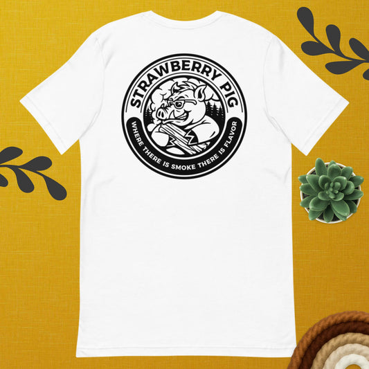 T-shirt featuring a Strawberry Pig wood chip label on the back and IFC fire logo on the front. Shop now at Island Flavor Co.